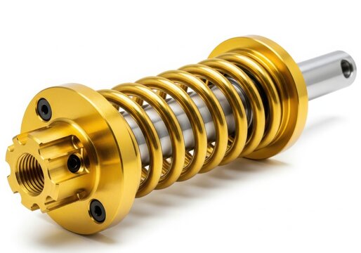 Gold suspension shock absorber close-up isolated on white background