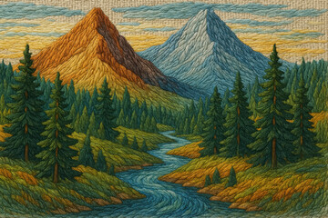 Fototapeta premium Embroidered landscape with towering mountains pine trees and flowing river colorful thread art scene evokes calm and natural beauty
