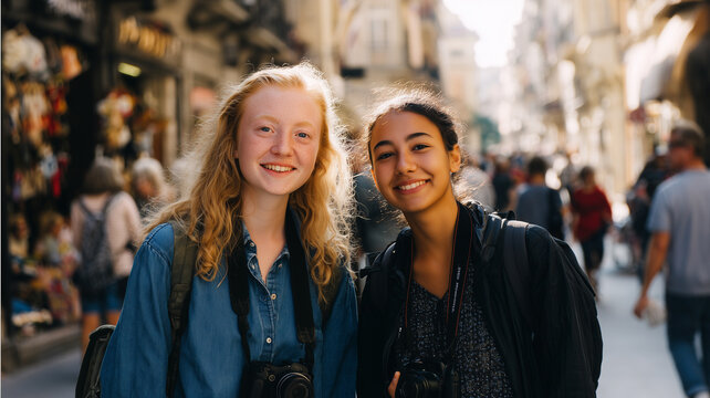 Two friends exploring a historic city, standing in front of a famous landmark, camera in hand, casual clothing, wide smiles, natural sunlight