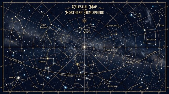 Celestial map of the northern hemisphere stars and constellations chart