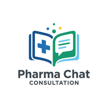 A modern logo design for pharmaceutical chat consultations featuring a book, chat bubbles, and a medical cross, symbolizing communication and healthcare information sharing.
