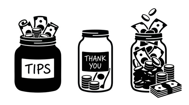 Tips jar money jars and thank you donation icons.