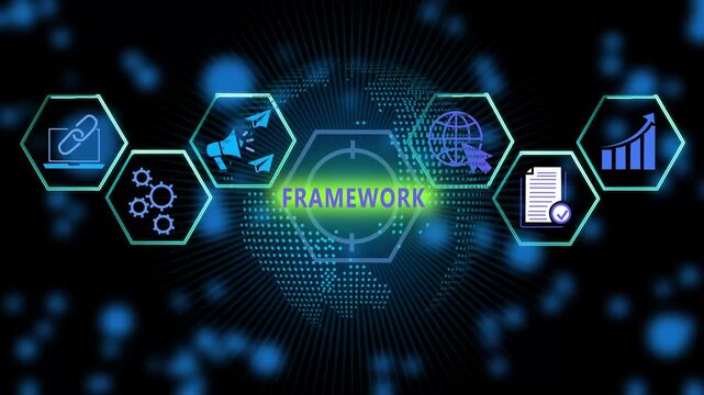 Digital business framework concept featuring animated hexagonal for global strategy, corporate growth, data management, marketing automation, and workflow optimization solutions