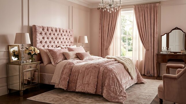 Luxurious modern bedroom interior featuring a velvet tufted bed in pink