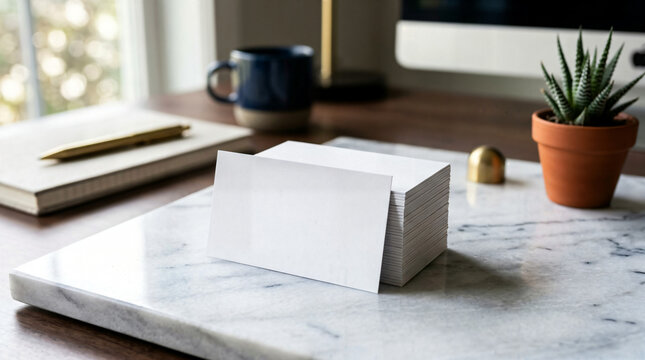 Stack of blank white business cards on marble desk with succulent, business