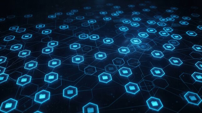Blue Hexagonal Network on Dark Background with Central Dynamic Digital Data Visualization: Secure Cloud Storage