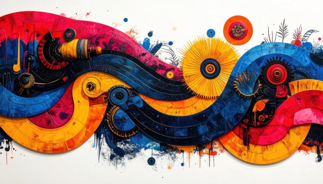 Abstract mechanical wave with colorful gears and paint.