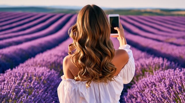 Woman taking photo in lavender field during golden hour with smartphone in sharp focus for travel and lifestyle marketing