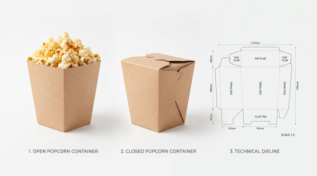 Popcorn container mockup with technical dieline isolated on white background