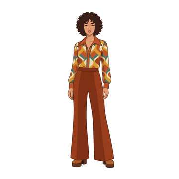 A stylized 2D digital illustration of a woman from the 1970s, featuring retro curly hair, a geometric patterned button-down shirt, high-waisted flared trousers, and platform shoes.