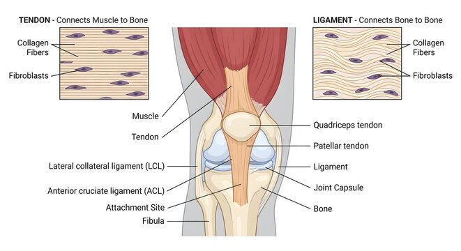Human tendon and ligament anatomy comparison diagram at the knee joint with detailed medical labels showing microscopic structure