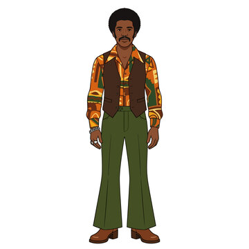 A flat vector illustration of a man from 1970s South Africa, featuring a vintage afro hairstyle, wearing a patterned long-sleeve shirt, a brown vest, and green bell-bottom trousers.