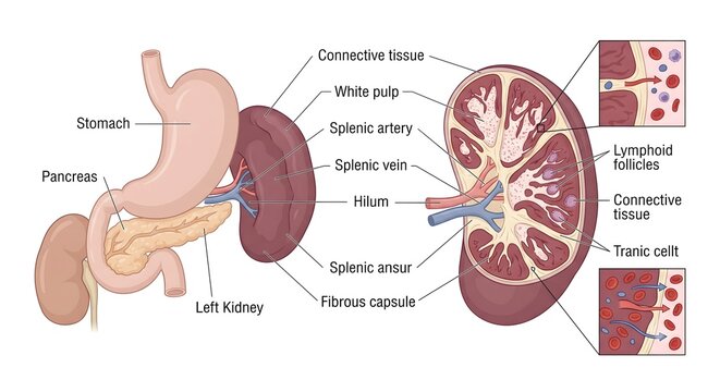 Human spleen anatomy cross section diagram with detailed medical labels showing internal structure and adjacent organs