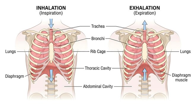 Human breathing mechanism inhalation and exhalation anatomy diagram with detailed medical labels showing lungs and diaphragm