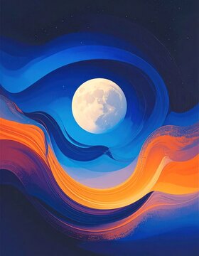 Abstract moon rising over vibrant colorful waves.