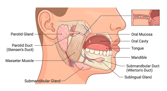 Human salivary glands anatomy cross section diagram with detailed medical labels showing parotid submandibular and sublingual glands