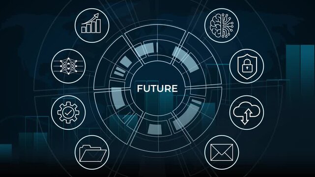 Futuristic Technology Concept Animation with Interactive Cyber HUD Interface and Line Icons Loop