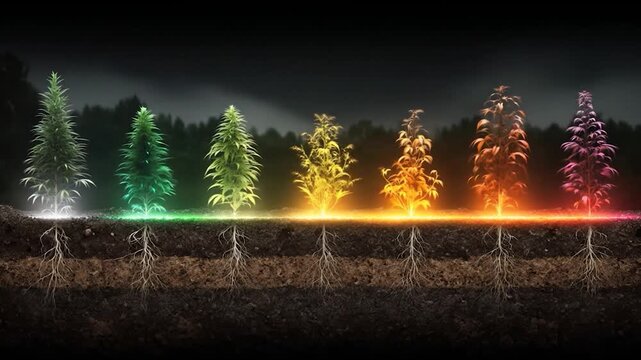 Glowing tree row with illuminated roots in dark soil with cinematic lateral tracking for environmental science marketing