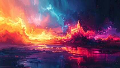 Fototapeta premium Abstract nebula landscape with vibrant fire and water reflections.