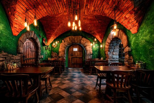 Medieval tavern interior with brick vaulted ceilings and rustic wooden furniture in warm ambient lighting for hospitality branding