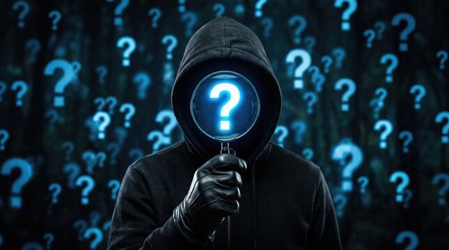 Anonymous hooded person holding question mark sign with question anonymous identity curiosity thinking information