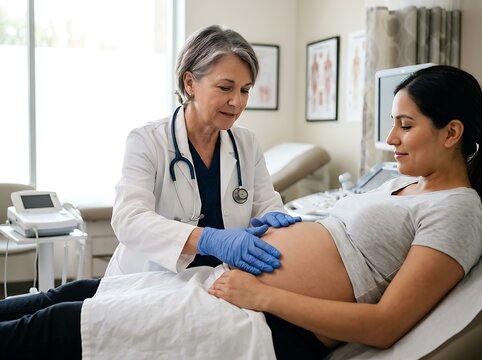 Photorealistic healthcare close up of experienced obstetrician performing routine prenatal examination while gently assessing pregnant patient abdomen professional physician wearing white medical coat