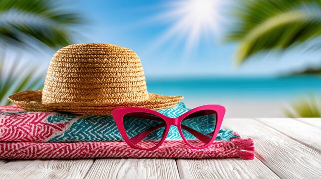 Summer beach accessories with straw hat and pink sunglasses on wooden deck against tropical ocean background for travel and leisure marketing