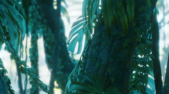 In a dense forest, bright green plants and large leaves cover tree trunks. Sunlight filters through the branches, creating a natural scene filled with life and growth.