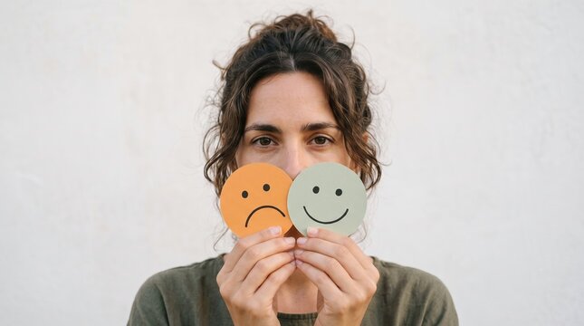 Woman holding emotion cards with sad and happy faces showing mixed feelings psychology expression contrast