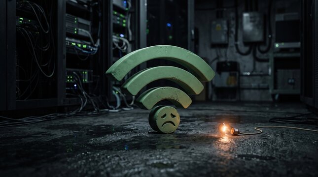 Sad wi-fi symbol icon in a dark server room with poor internet connectivity concept internet connection technology