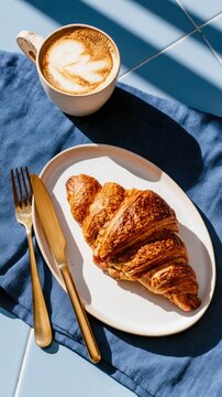 Flaky croissant and latte on blue tiled terrace with harsh sunlight in a sharp focus vertical shot for cafe marketing and breakfast menus