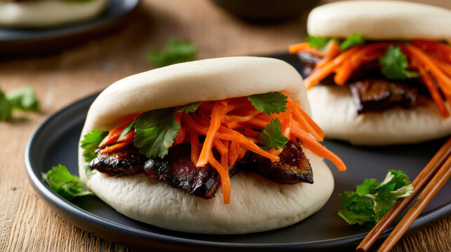 fluffy steamed bao buns with smoky paprika and eggplant filling