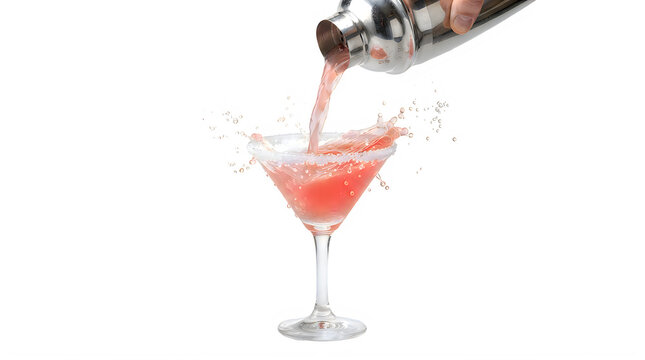 Fresh pink cocktail pouring from a metal shaker into a glass with a splash