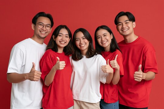 Indonesian Independence Day celebration with diverse young friends. Group of happy young people in casual attire enjoying patriotic festivities.