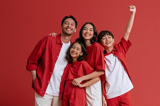 Celebrating Indonesia Independence Day with a joyful family gathering. Patriotic family wearing red and white, celebrating national pride and unity.