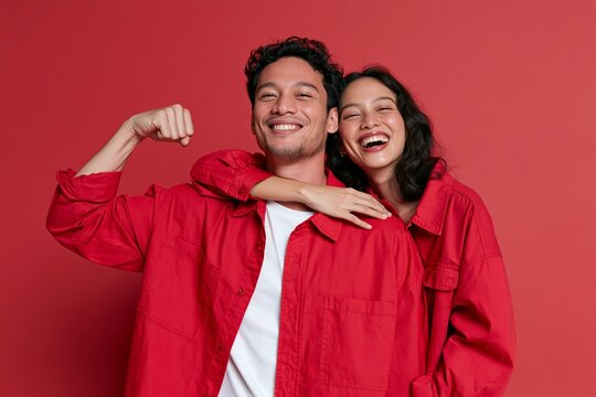Indonesian Young Man and Woman Celebrating Independence Day. Joyful national holiday scene with patriotic spirit and cultural pride.