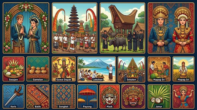 Collection of indonesian cultural traditions and heritage illustrations