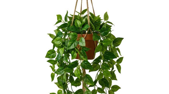 Green ivy plant in a hanging clay pot for home decoration isolated on transparent background