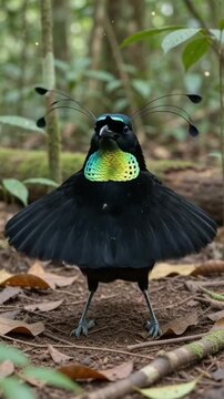 bird of paradise male western parotia bird of paradise courtship display dance ritual show exotic species unique plumes iridescent throat patch feathers spread ballerina pose wildlife behavior animal 