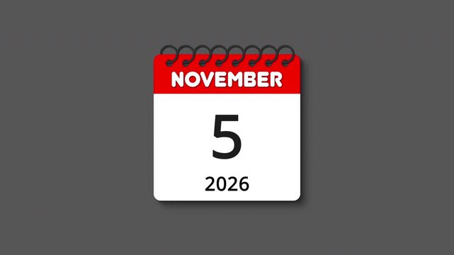 Monthly calendar animation with spiral ring coil binding, tear-off effect and realistic shadow for November 2026, perfect for time, schedule, event, and planning themes, transparent alpha channel BG