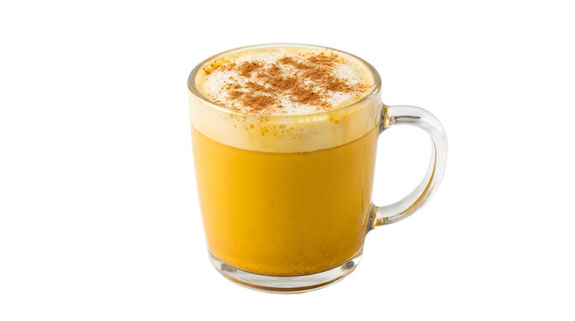 Golden milk latte with cinnamon powder in glass mug isolated on transparent background for cafe and wellness drinks with frothy foam and warm yellow turmeric spices healthy beverage.