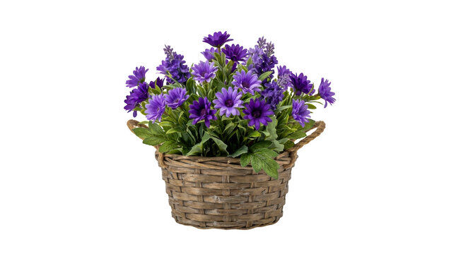 Beautiful purple flowers in a rustic woven wicker basket plant pot isolated on transparent background