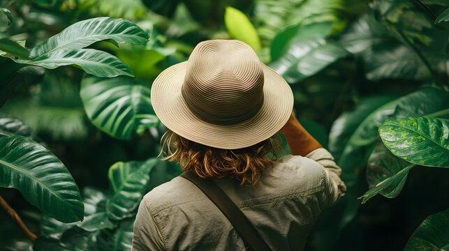 Back view of adventurer adjusting hat amidst lush jungle foliage, ready for exploration. Tropical greenery surrounds explorer in outdoor adventure setting, elegantly showcasing travel.