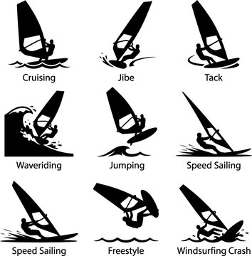 Windsurfing maneuvers silhouettes on water with motion lines during daytime sport activity