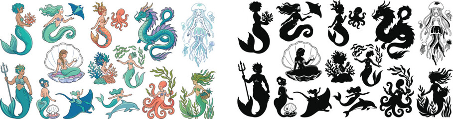 Fototapeta premium Fantasy underwater creatures vector icons set with colorful mermaids, sea dragons, marine animals, and black silhouette versions