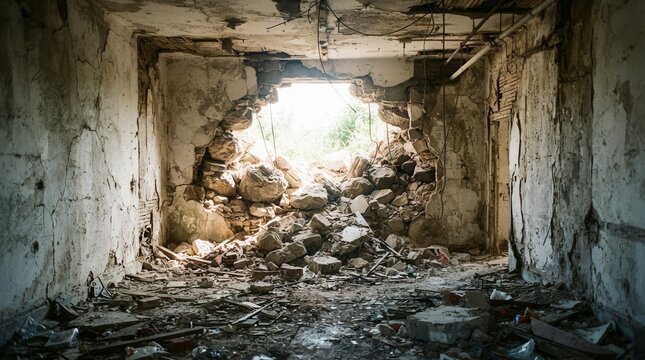 Abandoned room with wall hole of rocks, peeling breakthrough concept