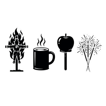 Guy Fawkes Day icons set. Bonfire plot symbols