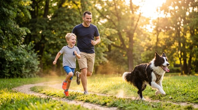 Joyful father and young son running happily along a scenic park trail during a golden sunset with their energetic pet border collie