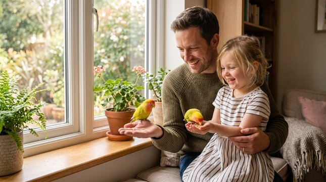 A loving father and his young daughter share a heartwarming moment playing with two colorful small pet birds by a sunlit window