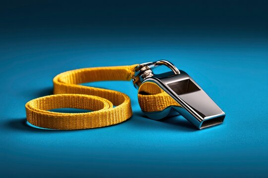 Chrome referee whistle with yellow lanyard on blue background in a sharp focus macro shot for sports coaching and athletic training marketing